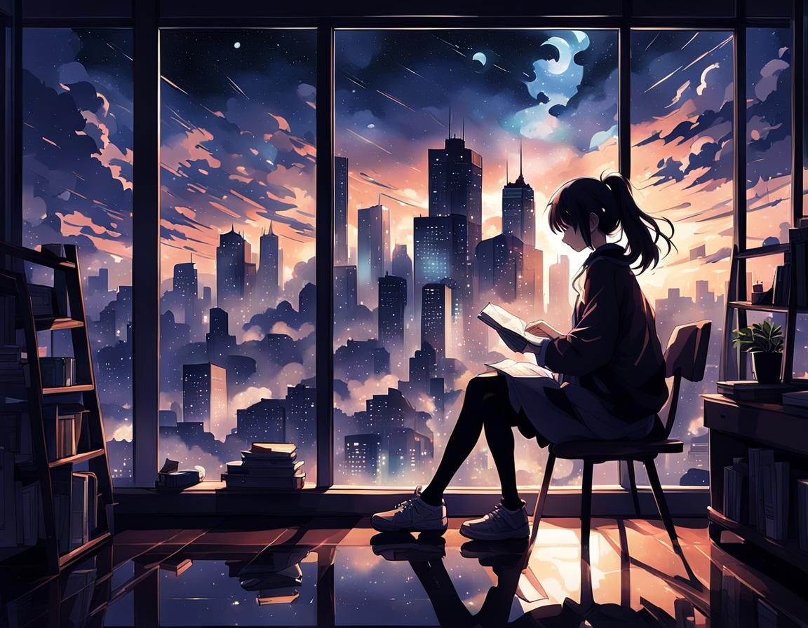 Silhouette of a girl reading a sitting in front of her bedroom window in a skyscraper in the middle of ...  by @Why