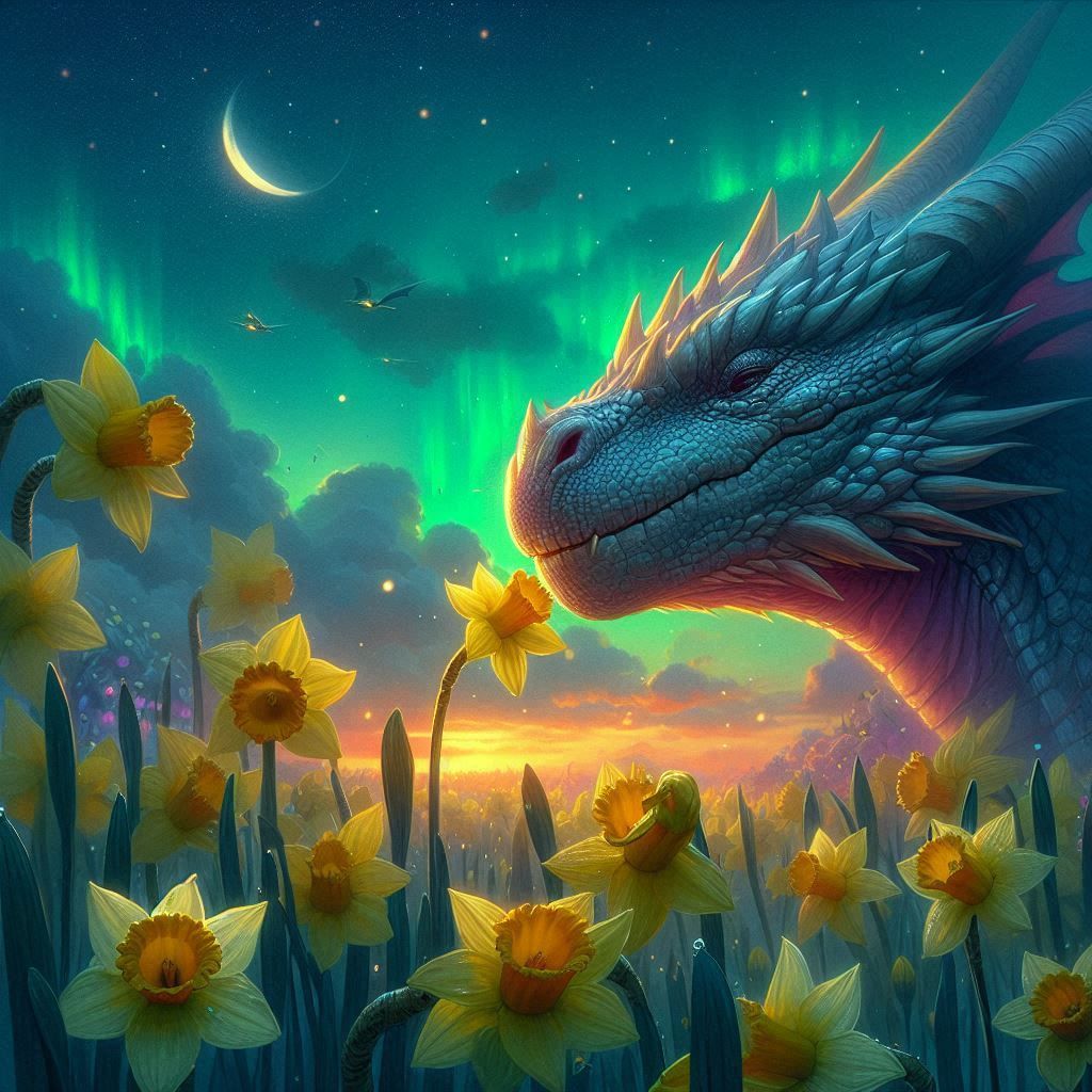 Dreamy dragons drink delightful daffodil dew during dusk.