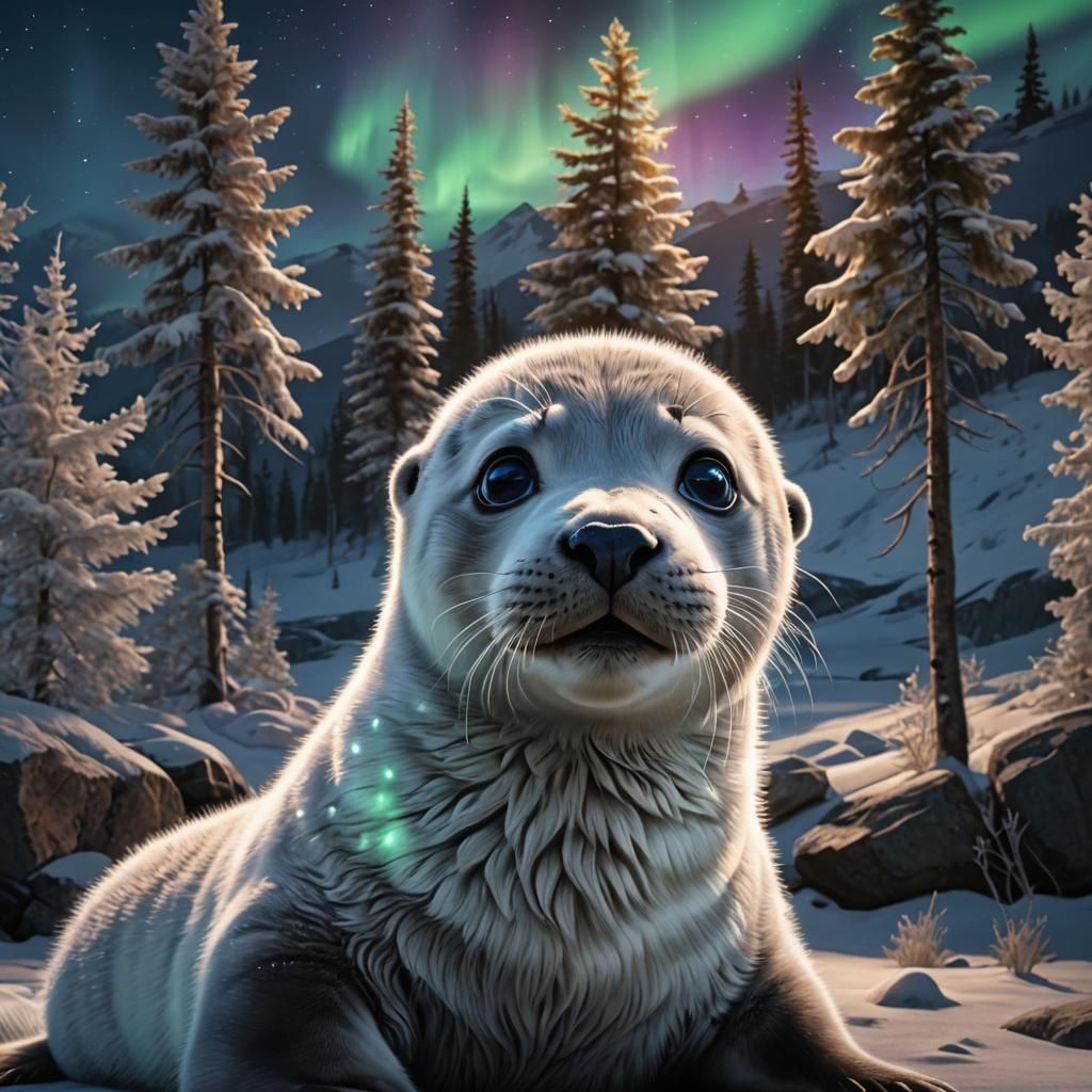 northern lights, dark night, north star, happy baby gray furry baby seal bright blue eyes, head