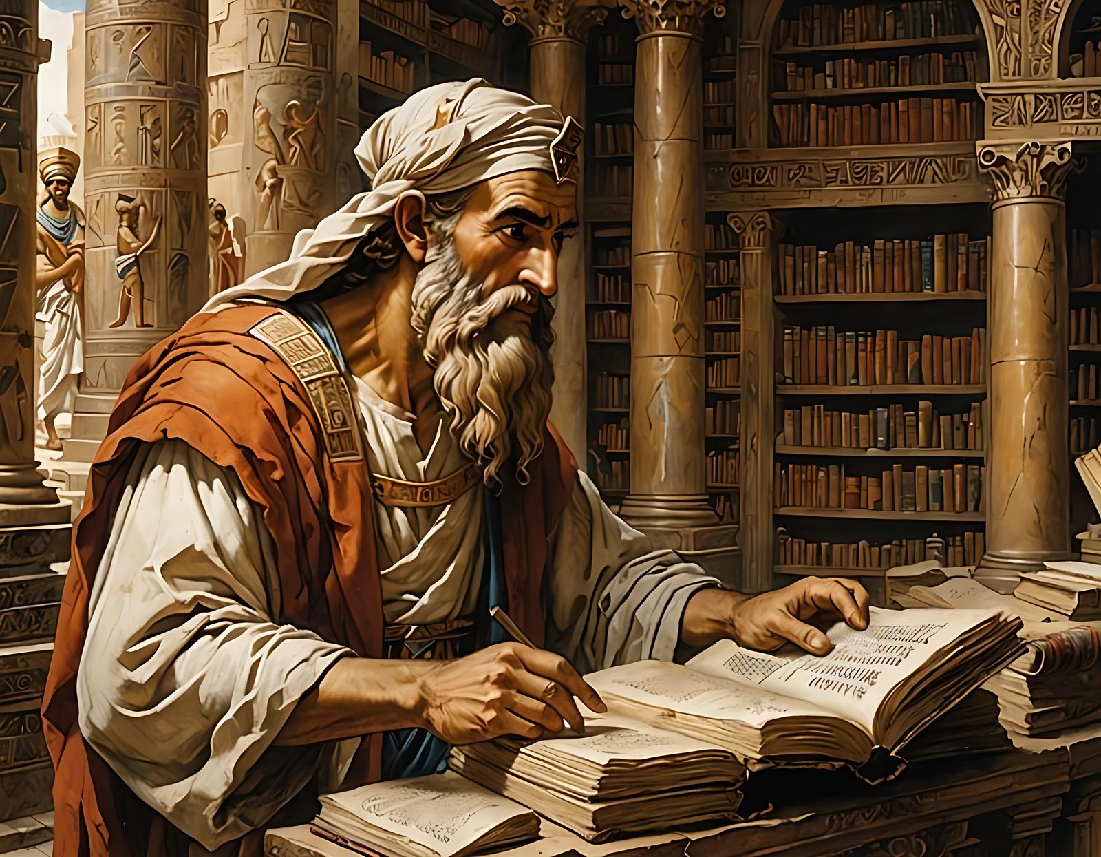 Pythagoras visiting the Library of Thebes in Ancient Egypt  by @Alex Sumner