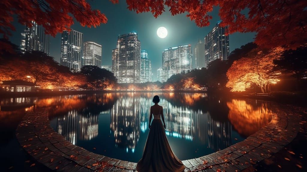 Hamarikyu Tsukimi Sanpo Tokyo vue nocturne sur l'étang Shioiri-no-ike et les building de Shiodome_028