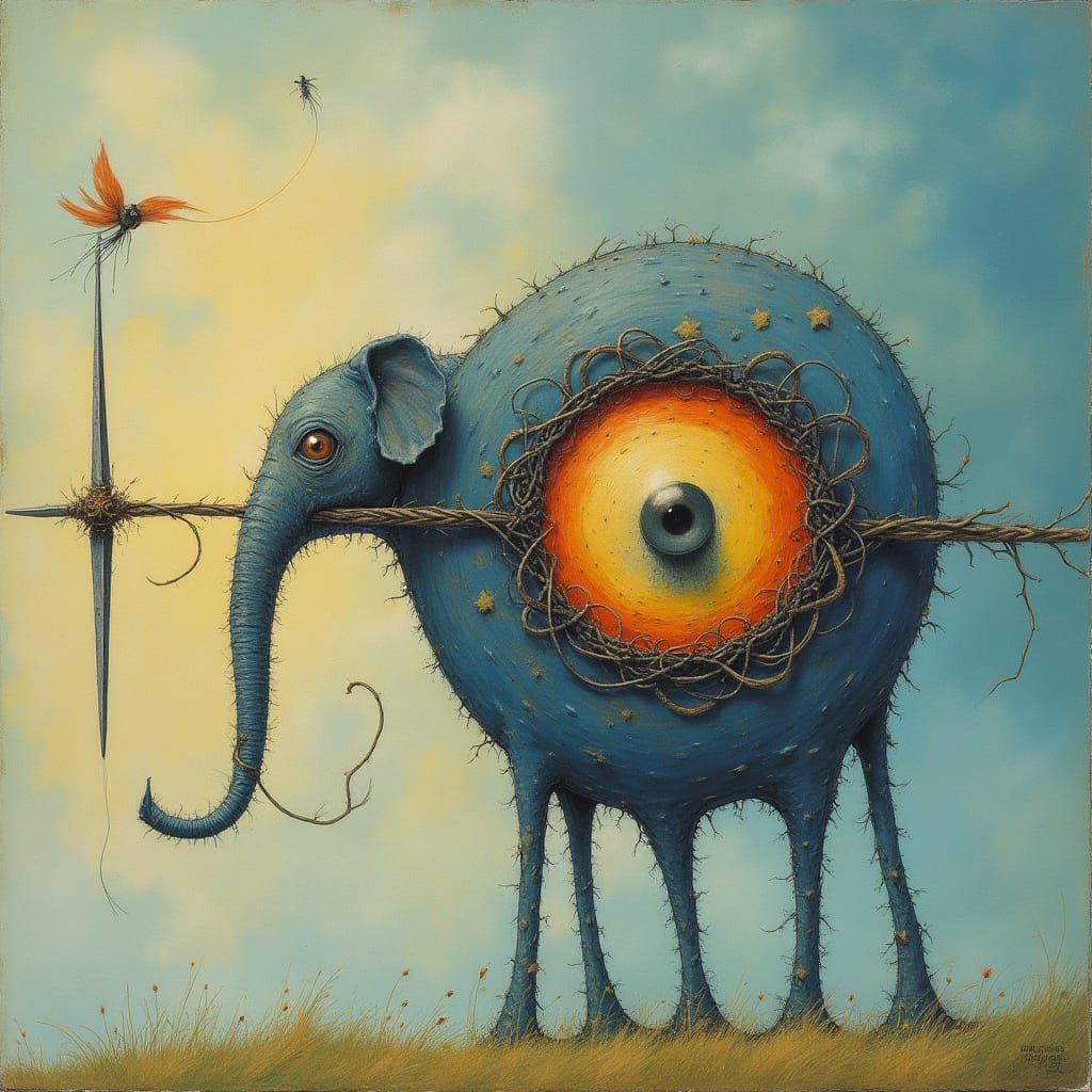 Fantastical Needle with Elephant, Whimsical Surrealist Scene