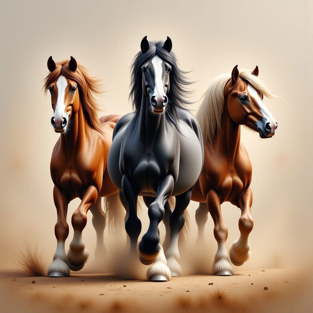 3 wild horses galloping off. dust rising, natural colours,8k Resolution, chalk textured Matte Painting <lora:Trio of Horses:1.0> 