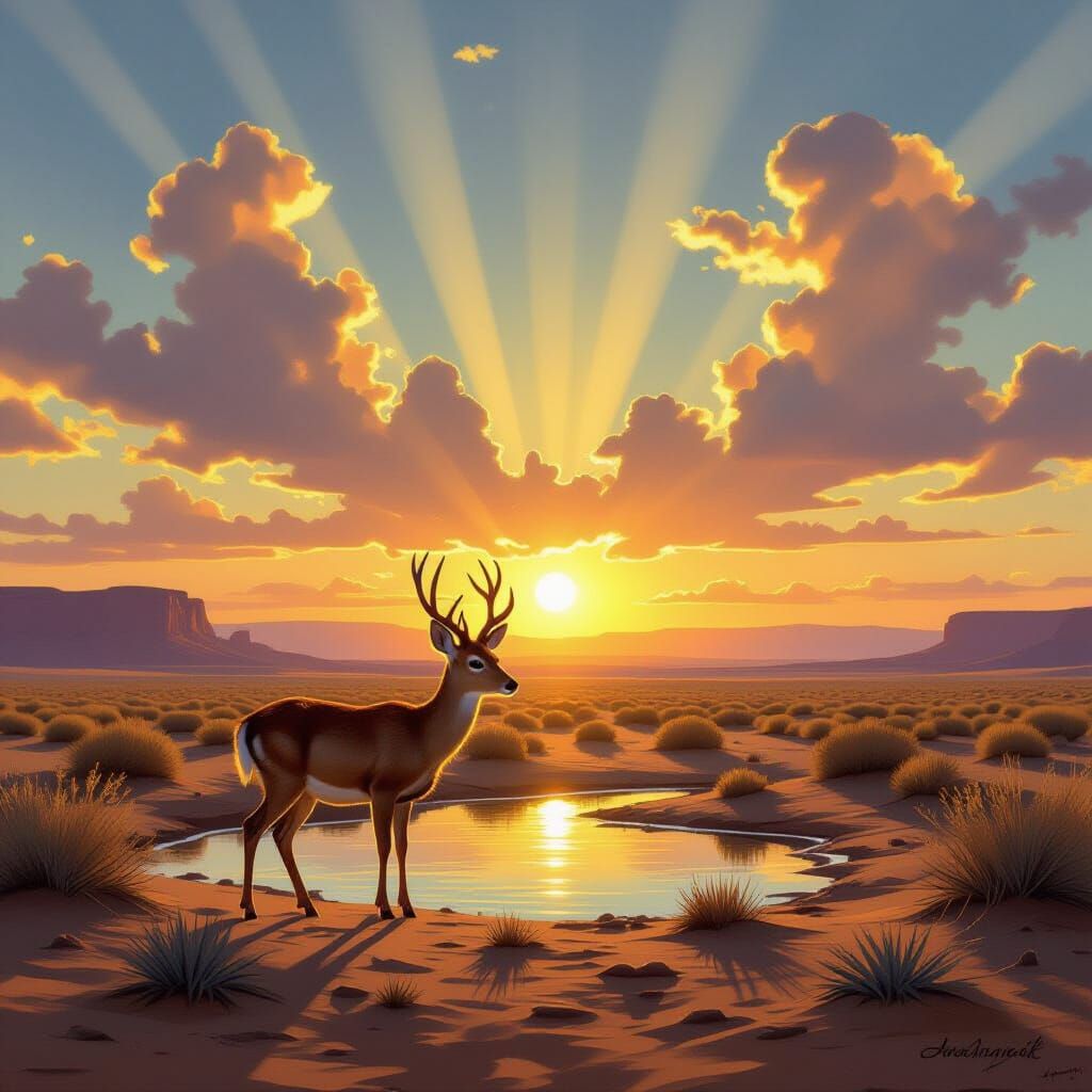 Deer Searches for Water at Desert Sunset