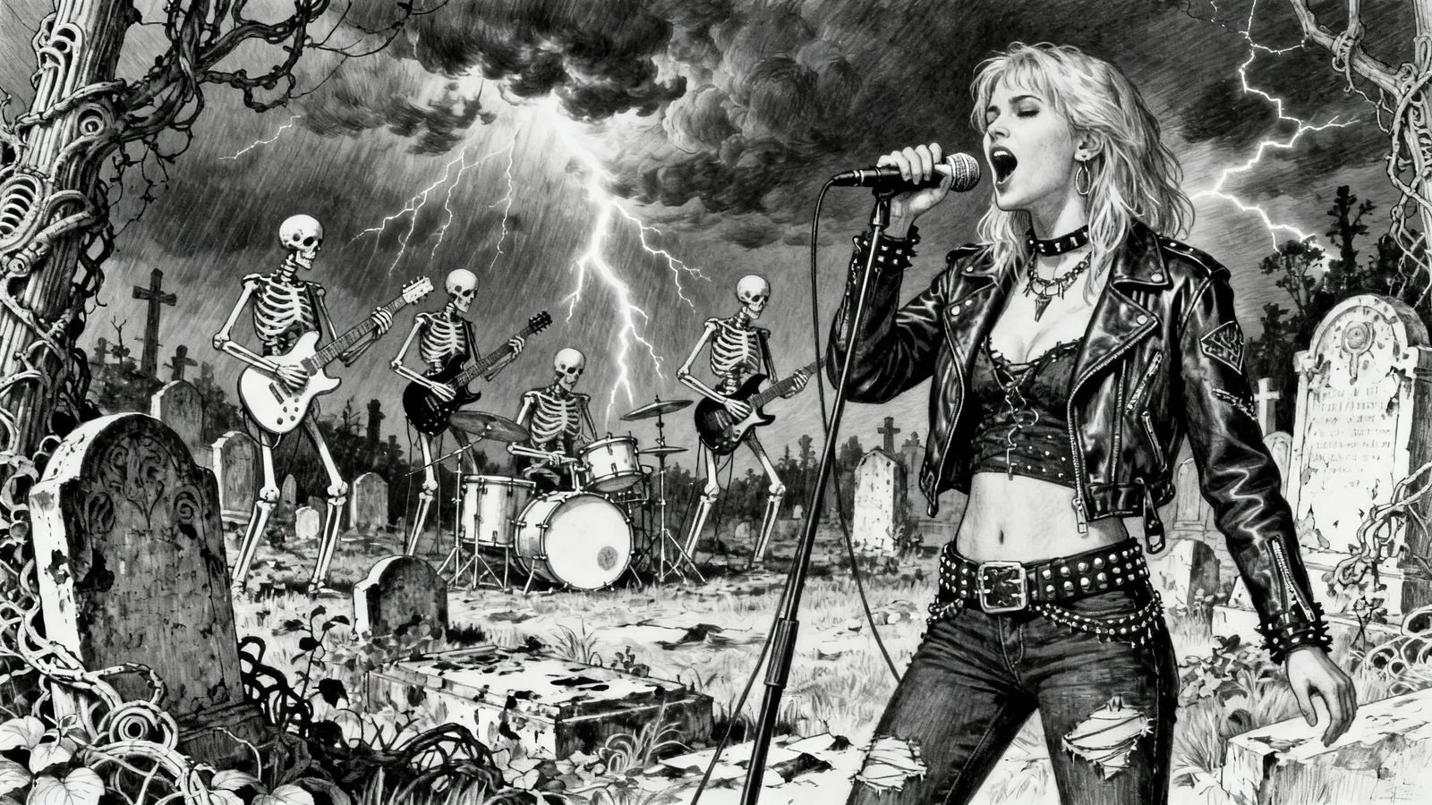 Punk Singer and Skeletons in Gothic Cemetery Sketch