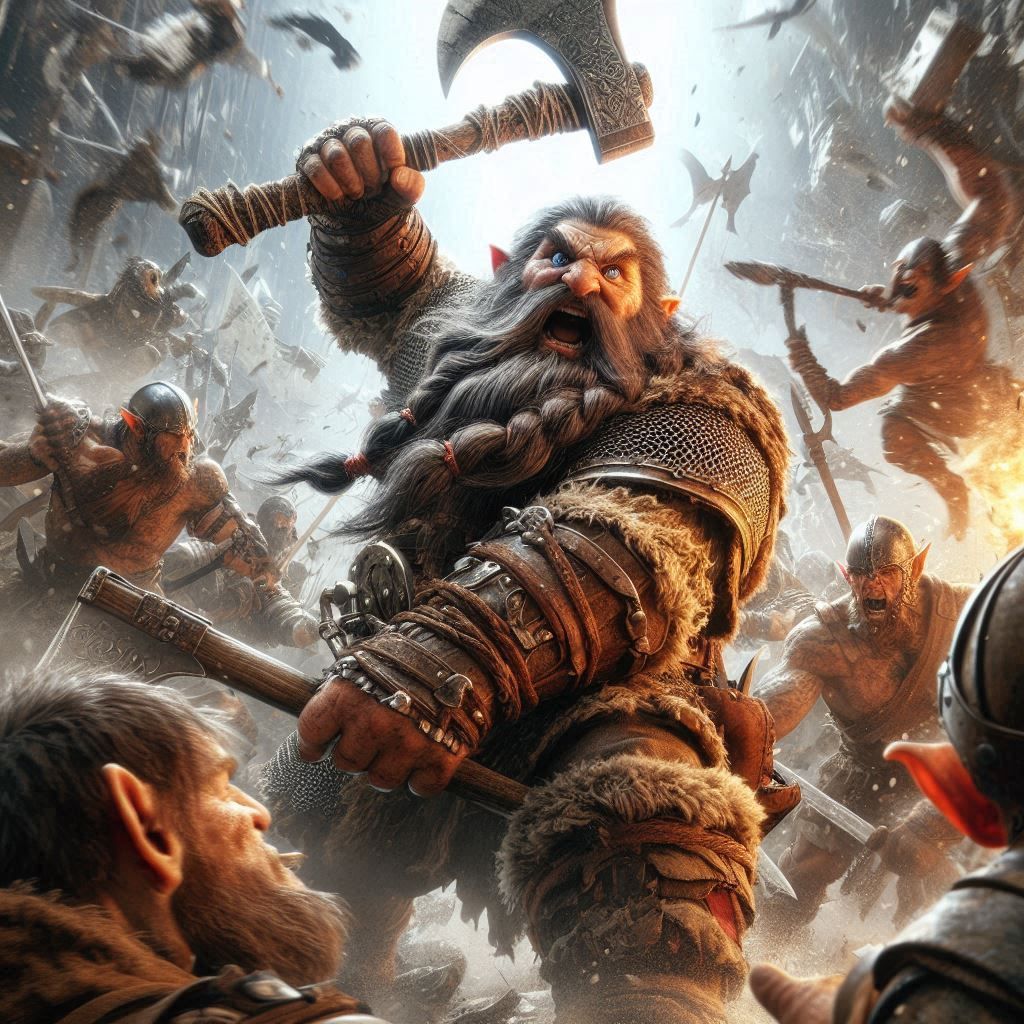 Dwarf, swinging an axe and fighting with orcs