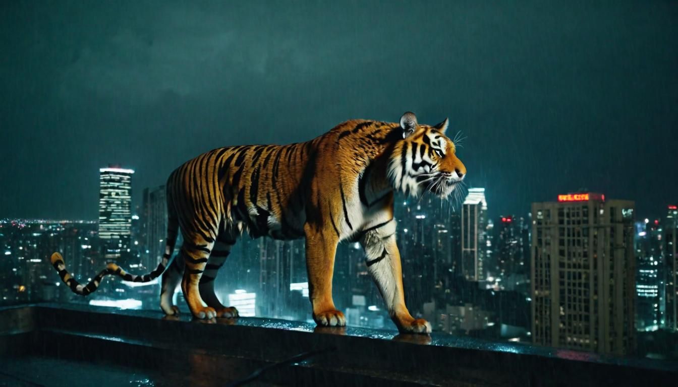 Pacing tiger on city skyscraper roof at night, hurricane-force winds ...