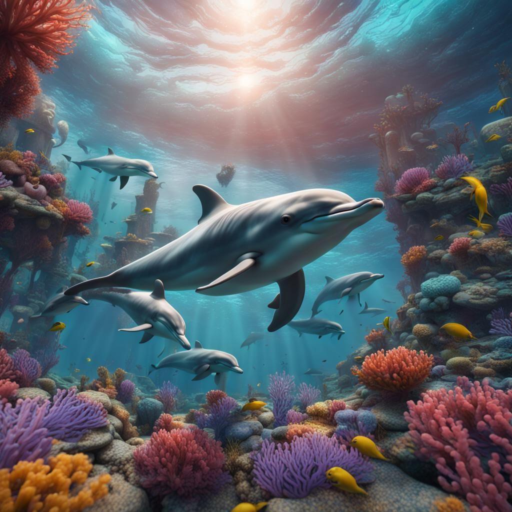 Dolphins swimming around coral reefs.