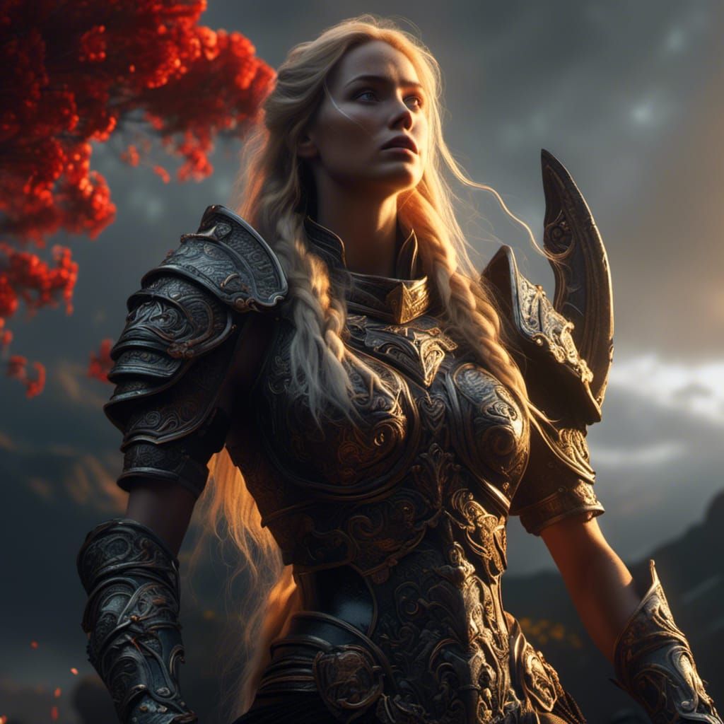 Epic Warrior Woman on Armored Warhorse