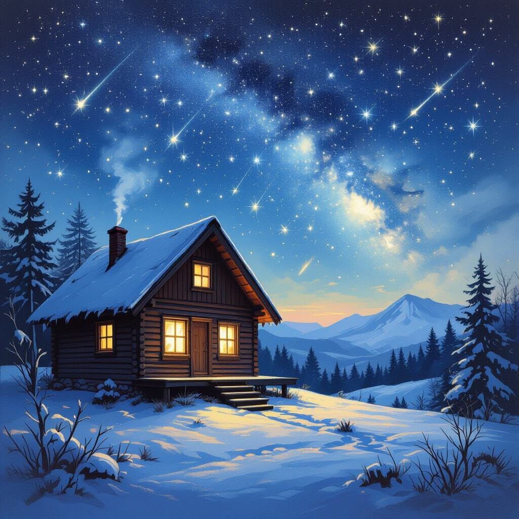 Cozy Cabin Under Starry Night Sky