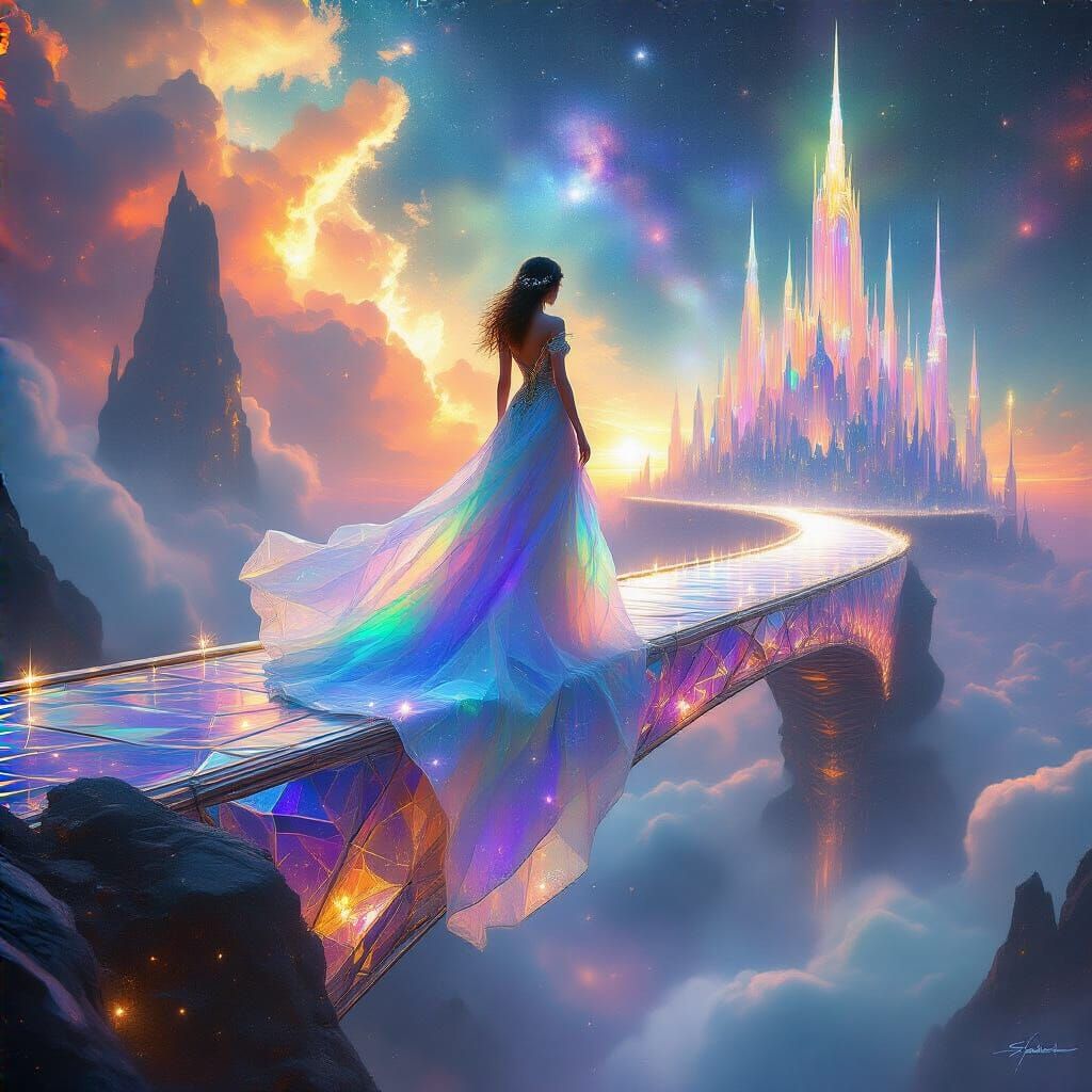 A solitary woman in a flowing, iridescent gown stands on a crystalline bridge that spans a nebula. Below ...  by @Terryke
