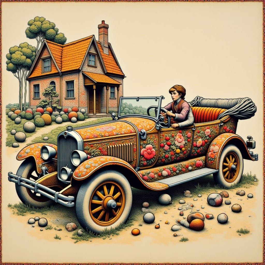 <lora:flat:1.0> flat image hyper detailed sketch old Studebaker car made of jacquard near house made of jacquard. Primitivism, comical, hype...