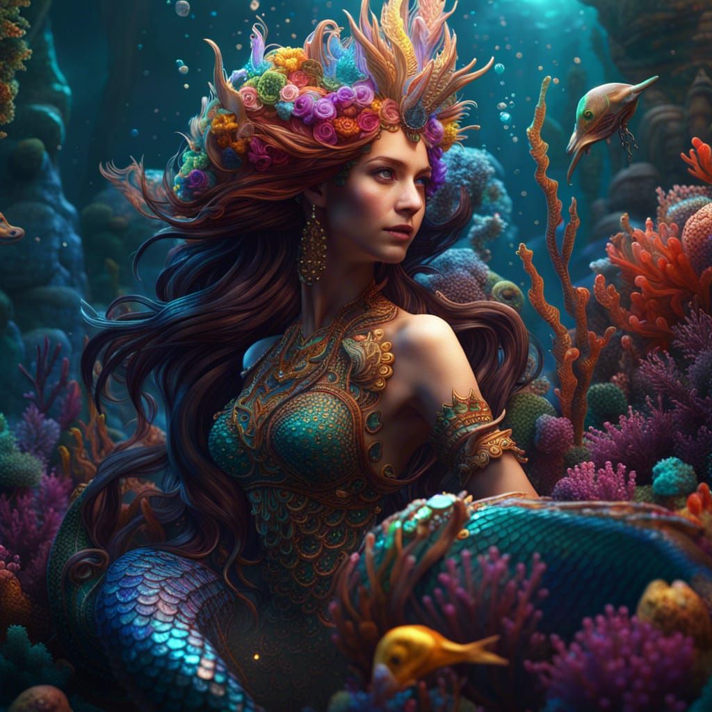 Elaborate, beautiful, luminous, colourful, intricate, hyperdetailed mermaid
  by @Dorian