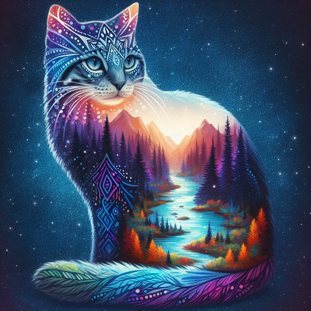 double exposure cat, landscape, tribal.