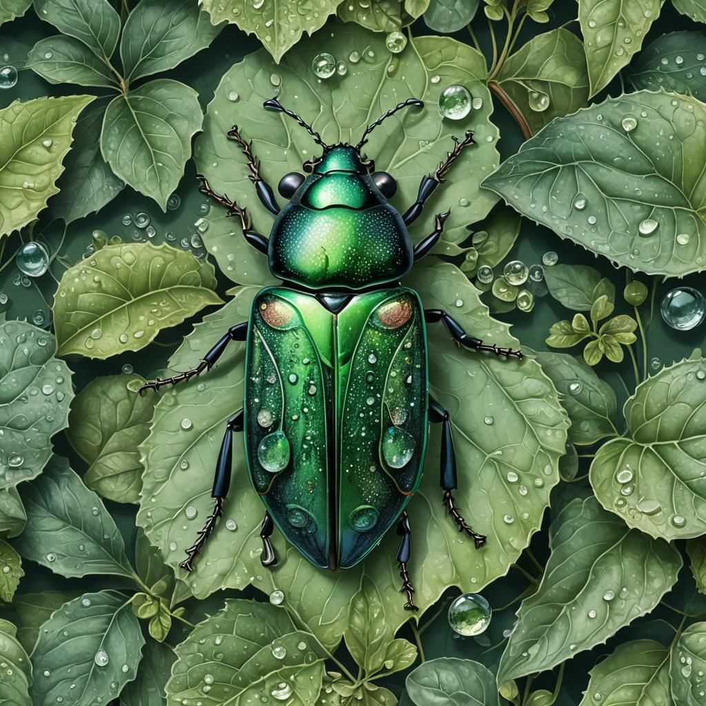 A large, pearlescent beetle sits on a green tree leaf with d...