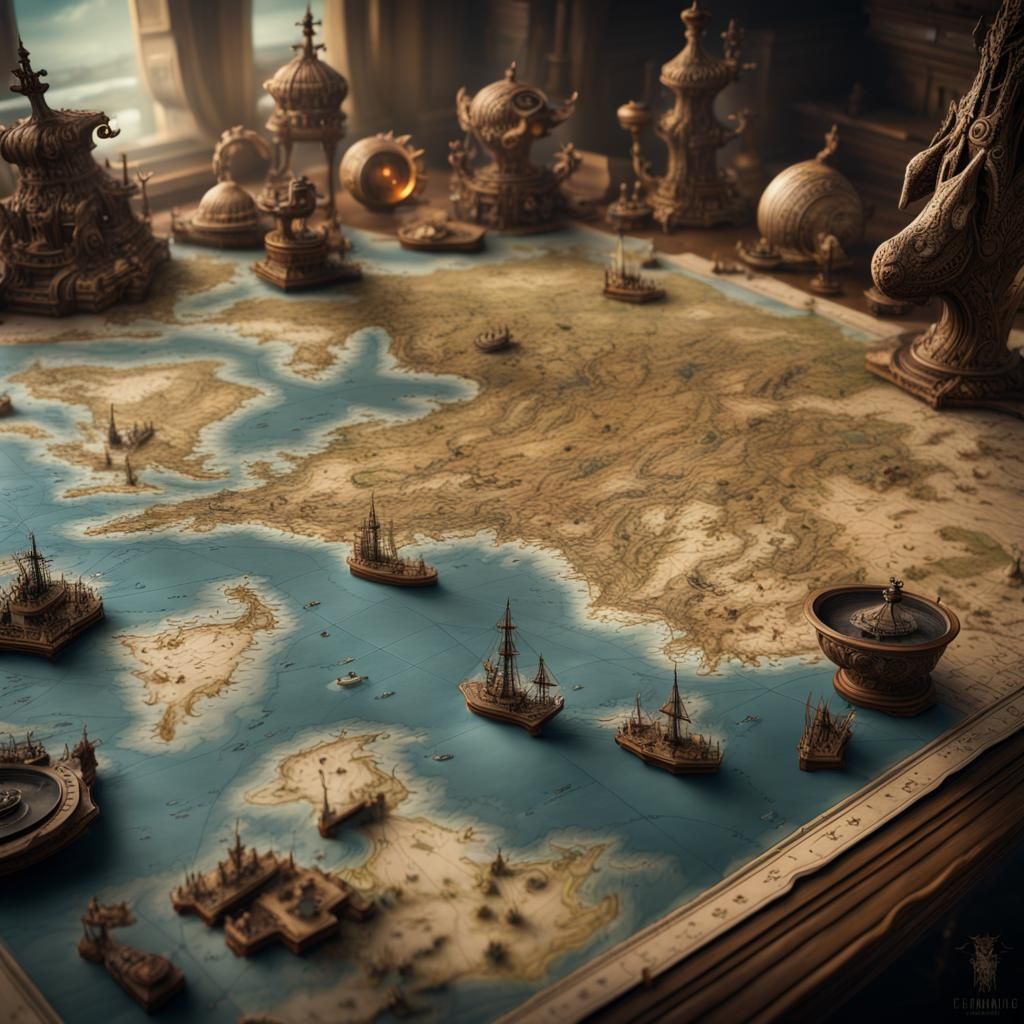 Map on table with sea and oceans one part is missing in the map are draped monsters And one tresure   by @Tomas Kejha