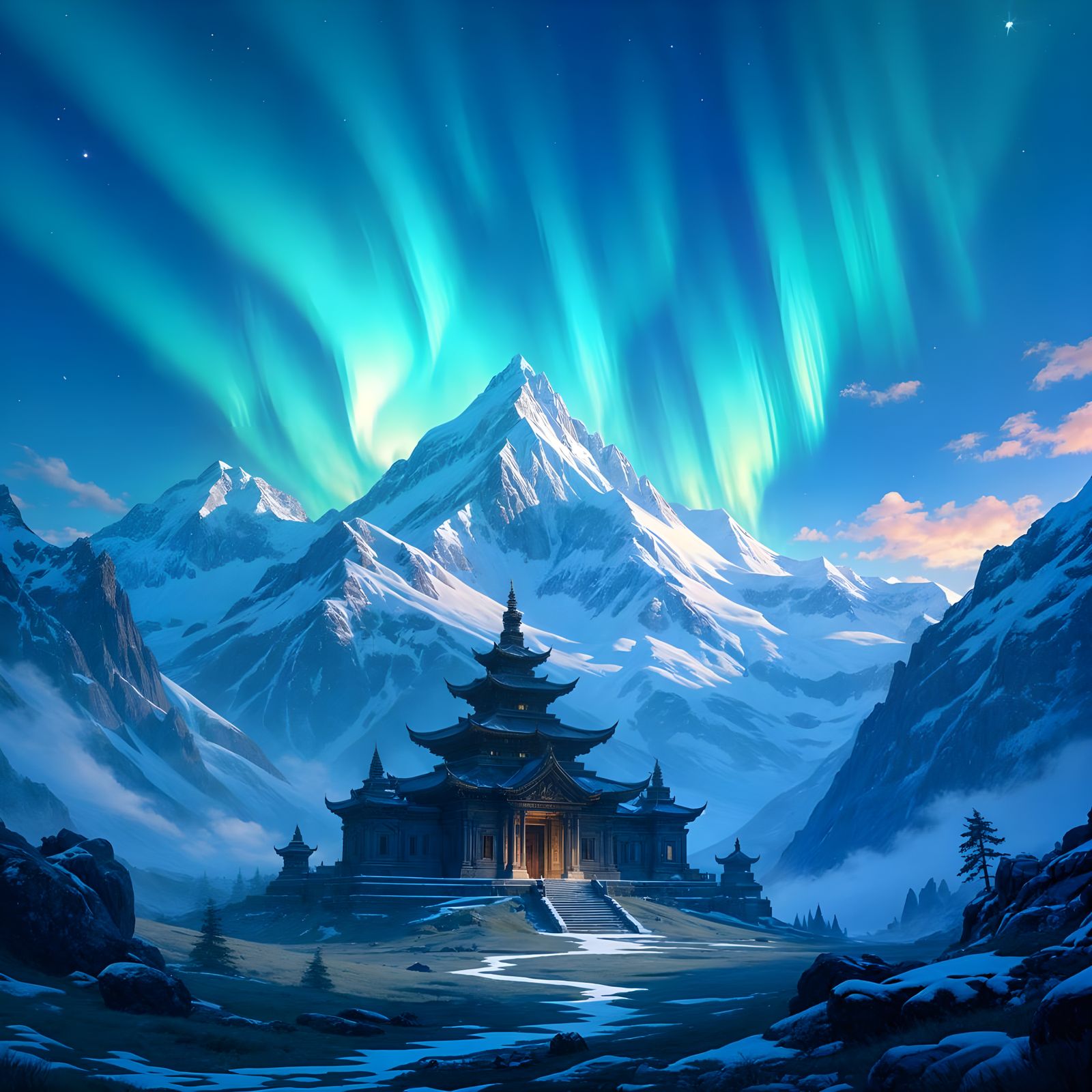 A majestic, snow-capped mountain range under a sky filled with aurora borealis, with a solitary, ancient ...  by @Londo Mollari