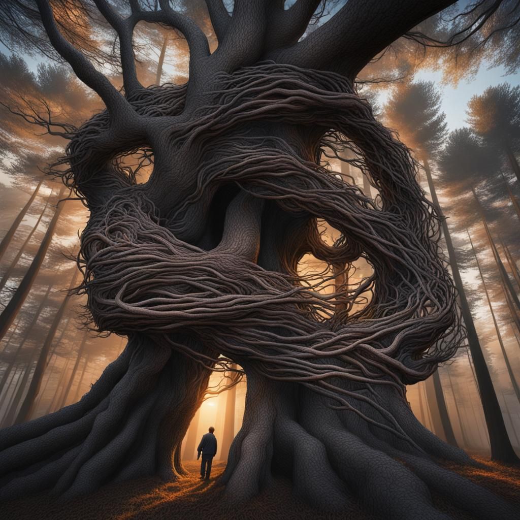 The twisting vines weave through the pines, choking the man ...