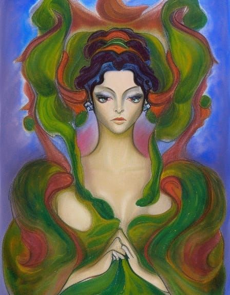 Dark haired Gaia clad in green robes of luxuriant foliage