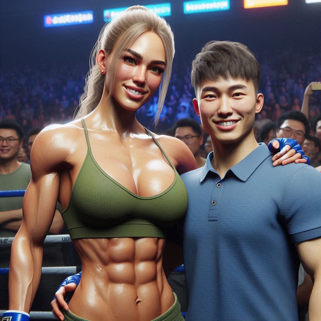 Cassie Cage posing with an Asian male fan after a boxing match