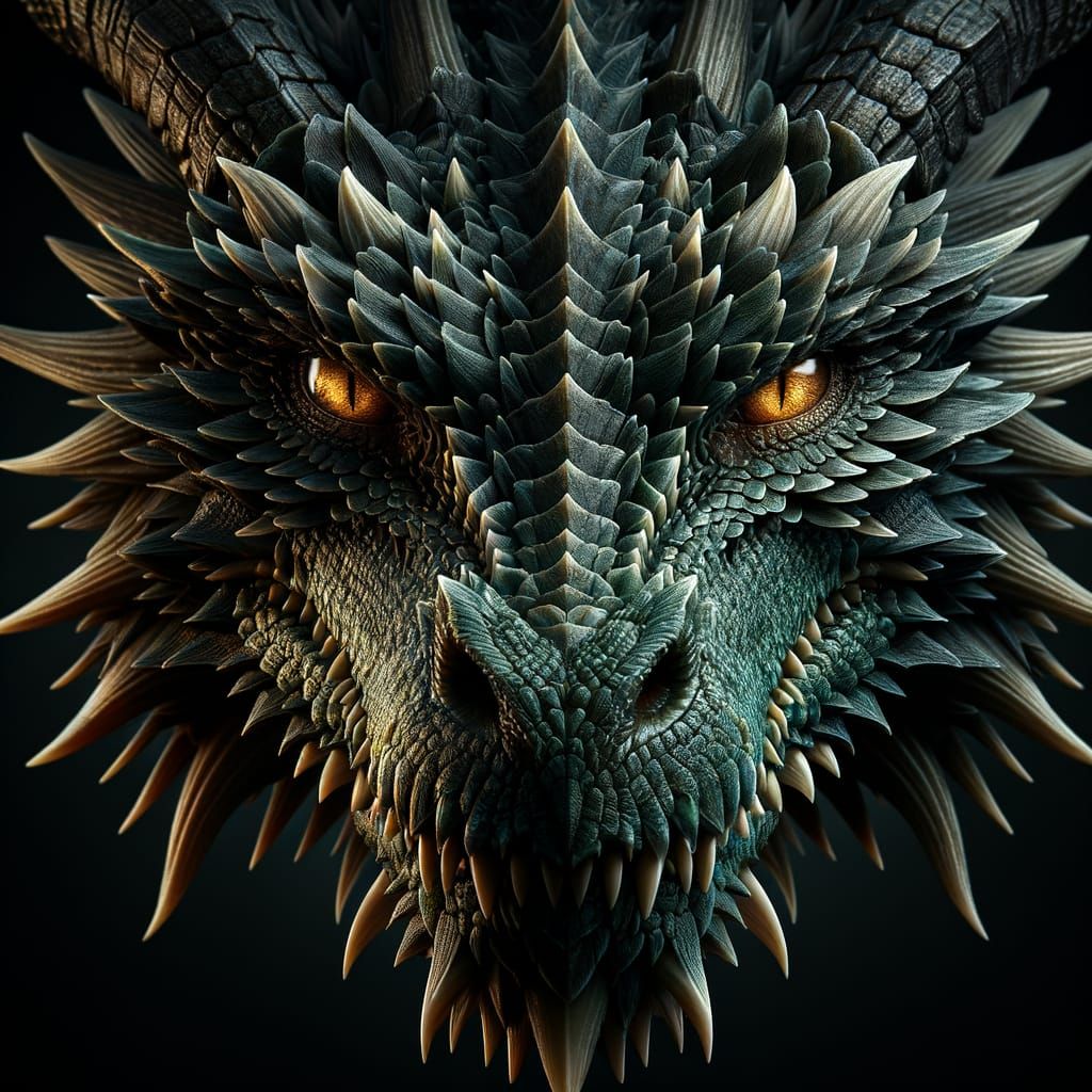 A close-up of a powerful, dark Dragon's head, its eyes glowing with golden light, and its scales having ...  by @Nednut4362