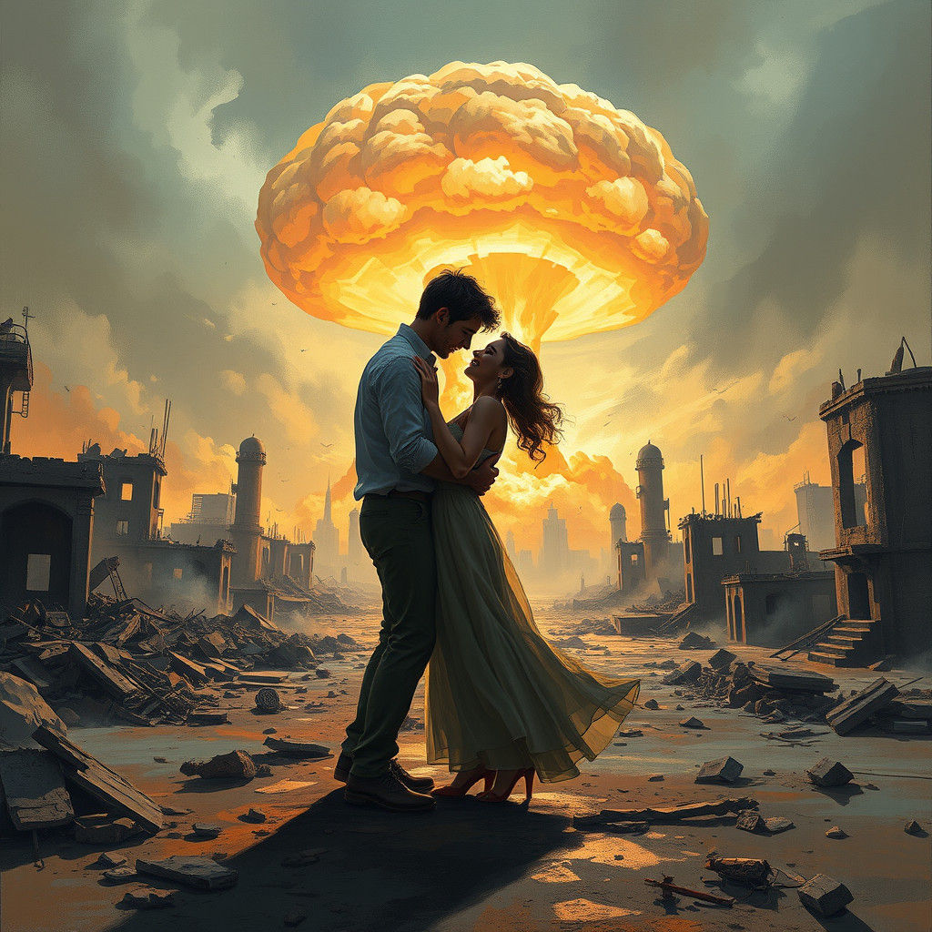 A couple dancing at the end of the world a nuclear bomb is e...