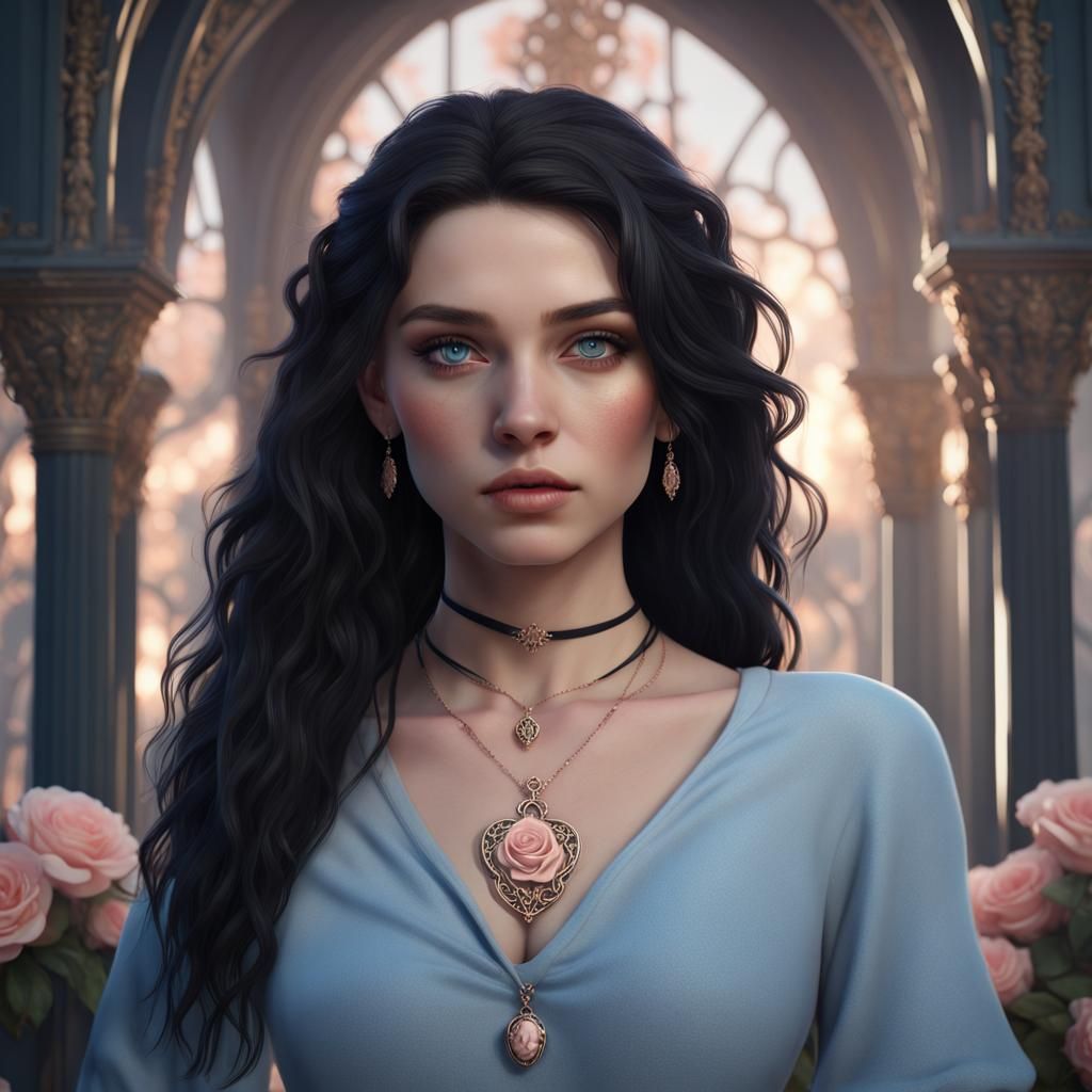 Teenage female, black wavy hair, light blue eyes, fair skin,...