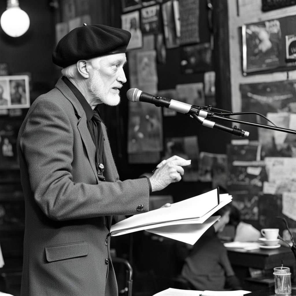 a dragon in a beret performs my poems for me at an open mike, vintage black & white photograph, smoky coffeehouse
