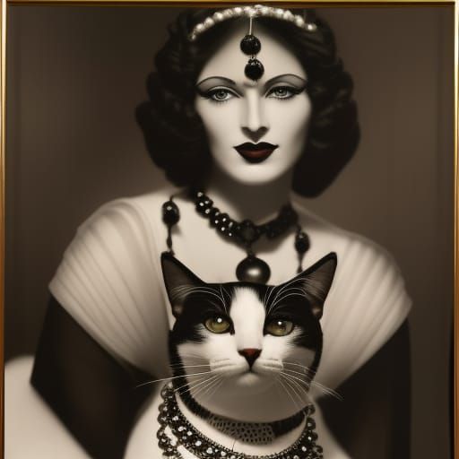 [beautiful art deco queen with red hair and a cute black and white cat on her lap] highly