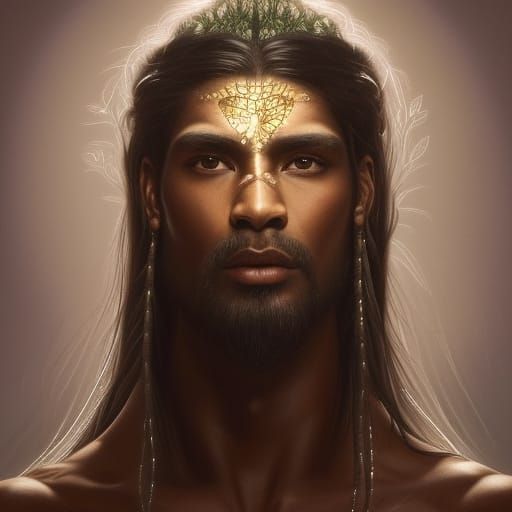 Muscular tree man Polynesian, long black hair, sparkle skin,...