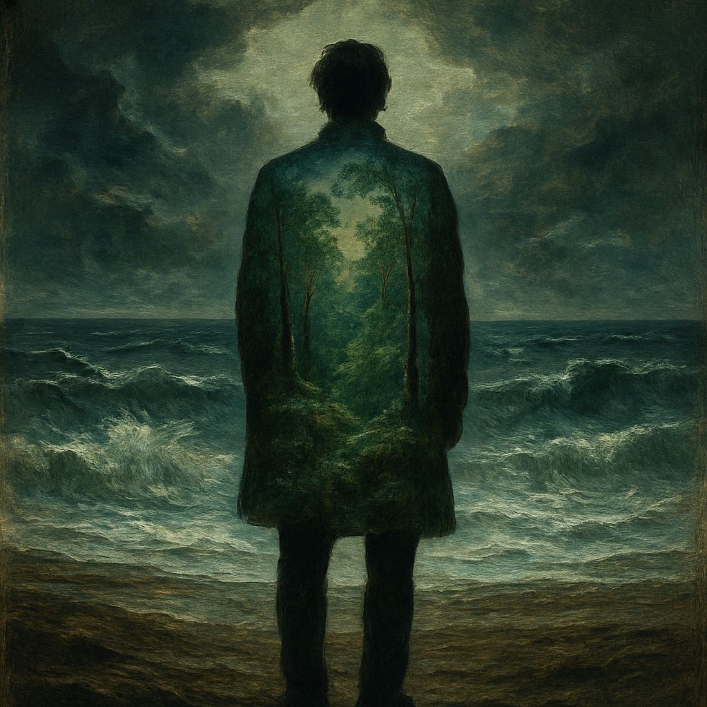 Stormy Beach Silhouette Reveals Forest, in Romantic Style