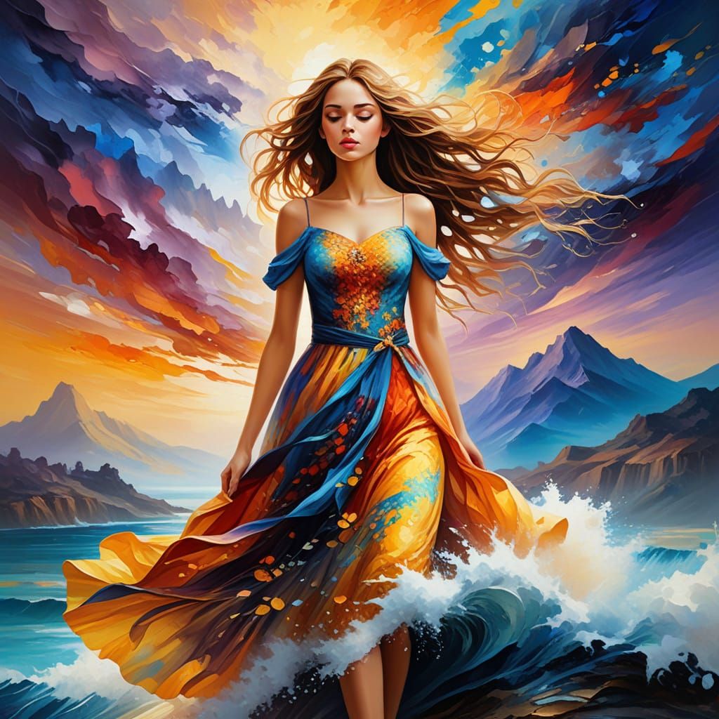 Dreamlike Oil Painting of a Woman in a Vibrant, Ethereal Lan...