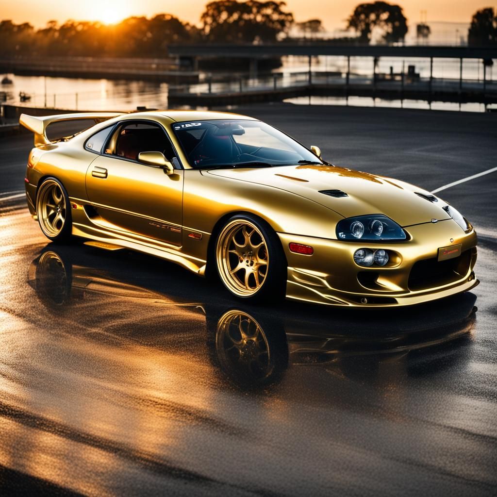 toyota supra mk4, 2jz engine, fully golden, big turbo, sunset, big rims ...