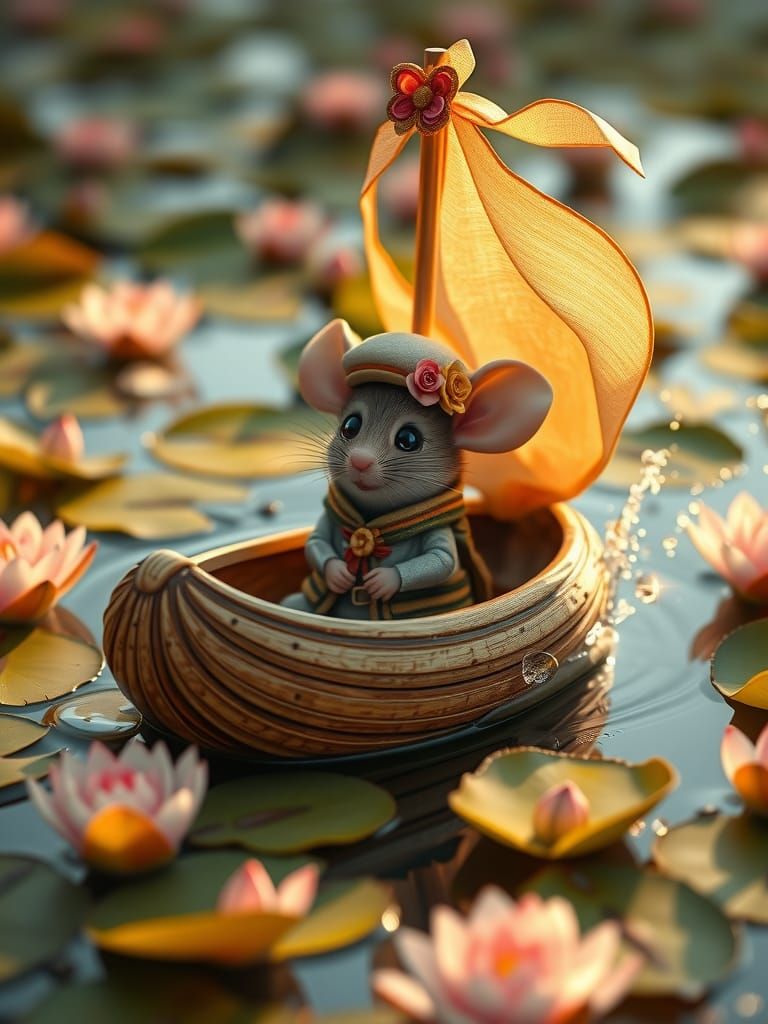 A cute mouse sits in a nutshell and sails over a pond with Water lilies . The sail is a flowered handkerchief, ...  by @Tolino