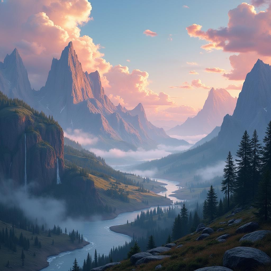 Ethereal Landscape with Mountains and Mystical Ruins