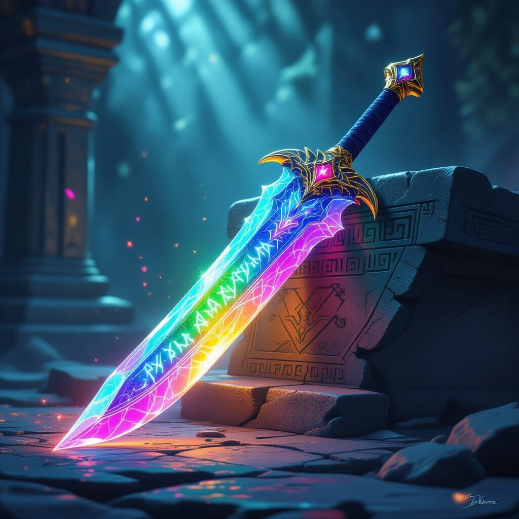 Magical Glowing Sword on Ancient Altar