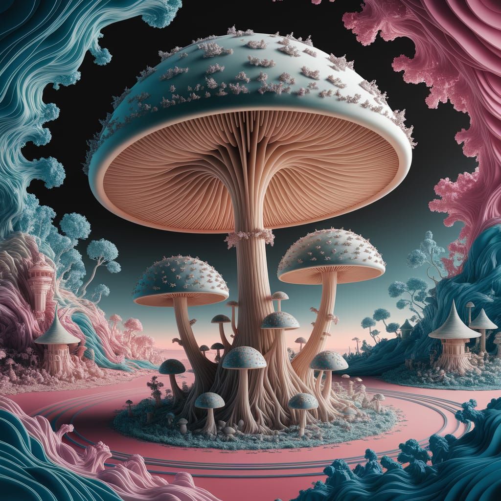 A tree-like mushroom só but it has smaller ones beneath. fantasycore artwork with intricate, maximalist ...  by @Jokavld