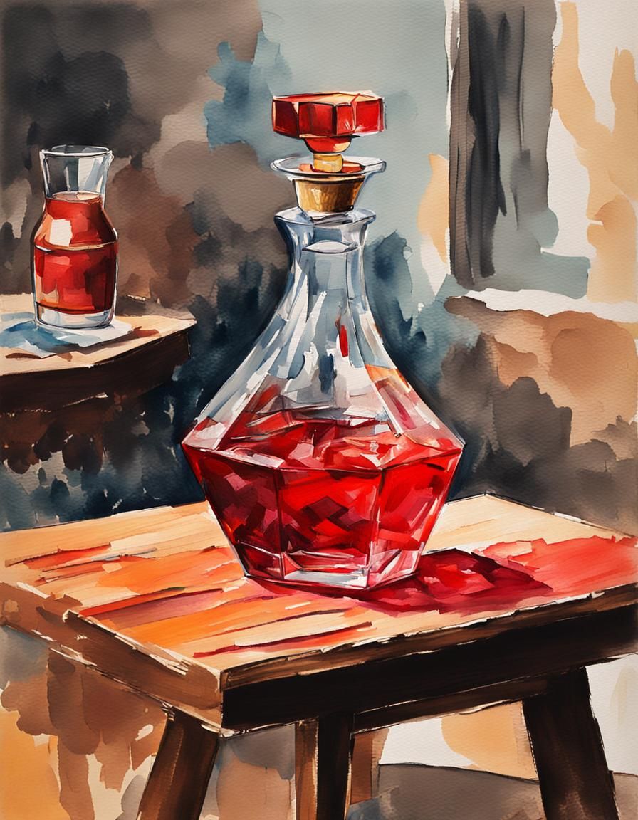 Red Decanter on Table in Gouache Style