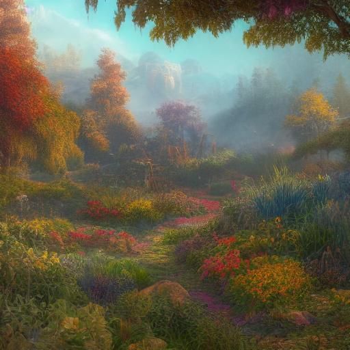rural mystic garden in bright light of golden hour