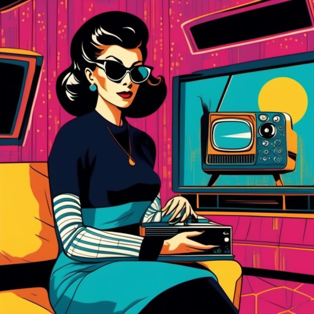 <lora:Retro Sci-Fi Utopia:0.6>
Googie style scene: Woman wearing sunglasses is sitting on the sofa and looking at a large retro tv-screen. v...