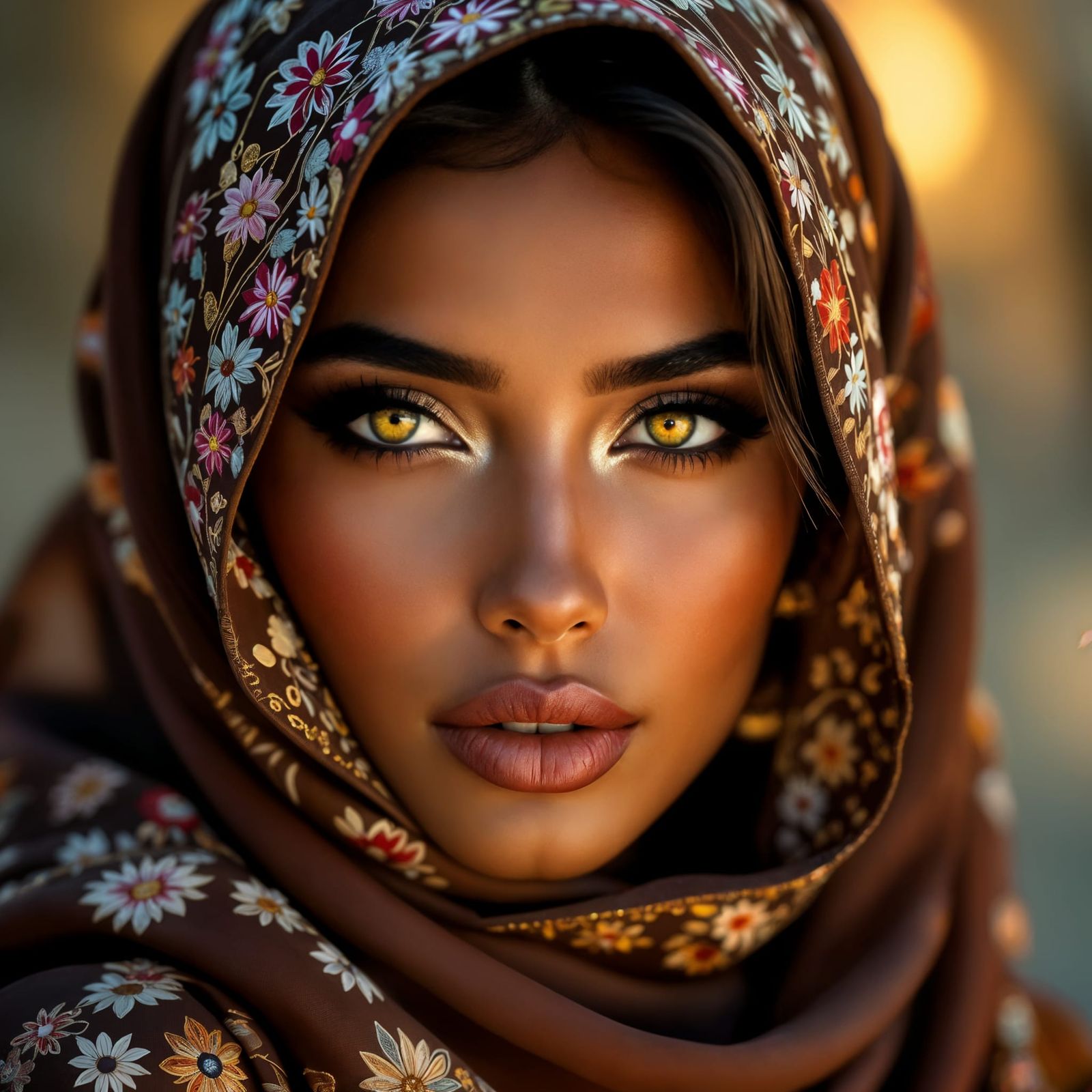 Mystical Woman with Amber Eyes in Ornate Headscarf