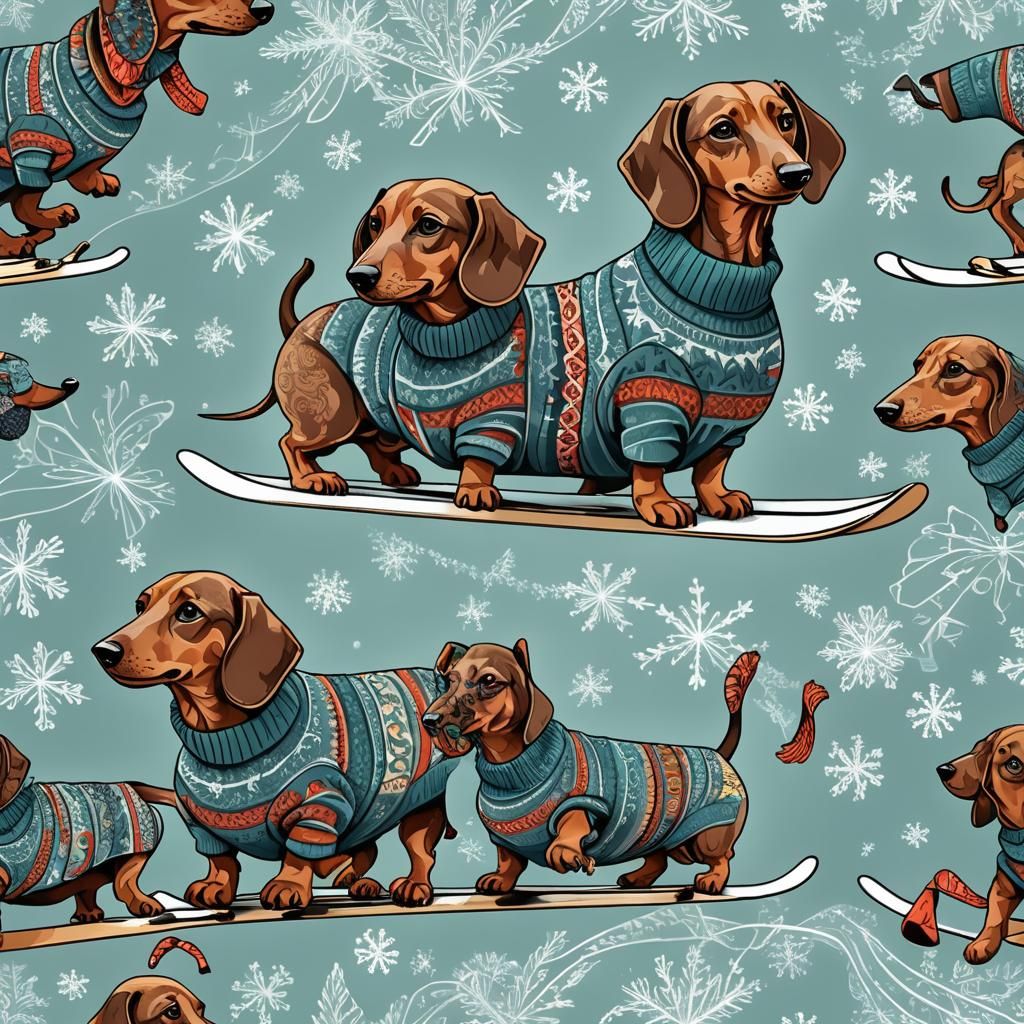 dachshund wearing winter sweaters while skiing