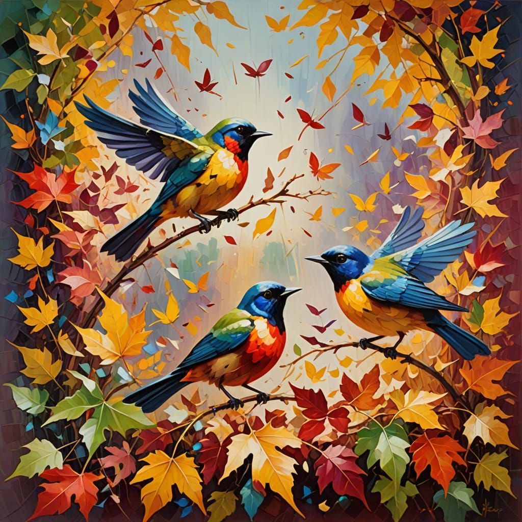 Songbirds fluttering above a leaf pile, sending little bursts of red and yellow upward like confetti. ...  by @Moonflowerrose