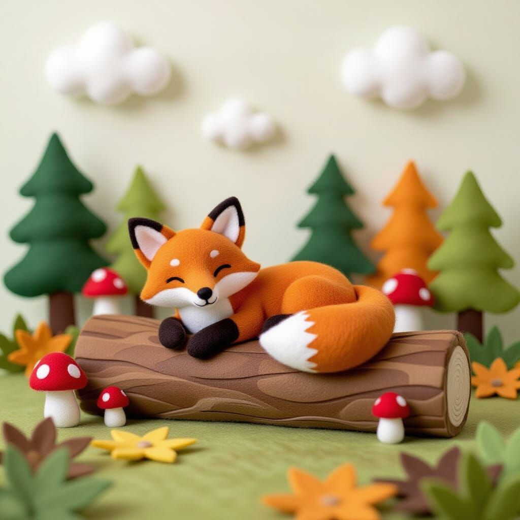 A curled-up fox on a felt log in a layered felt forest. Trees, mushrooms, and clouds made from colorful felt shapes. Warm, handmade, cozy ch...