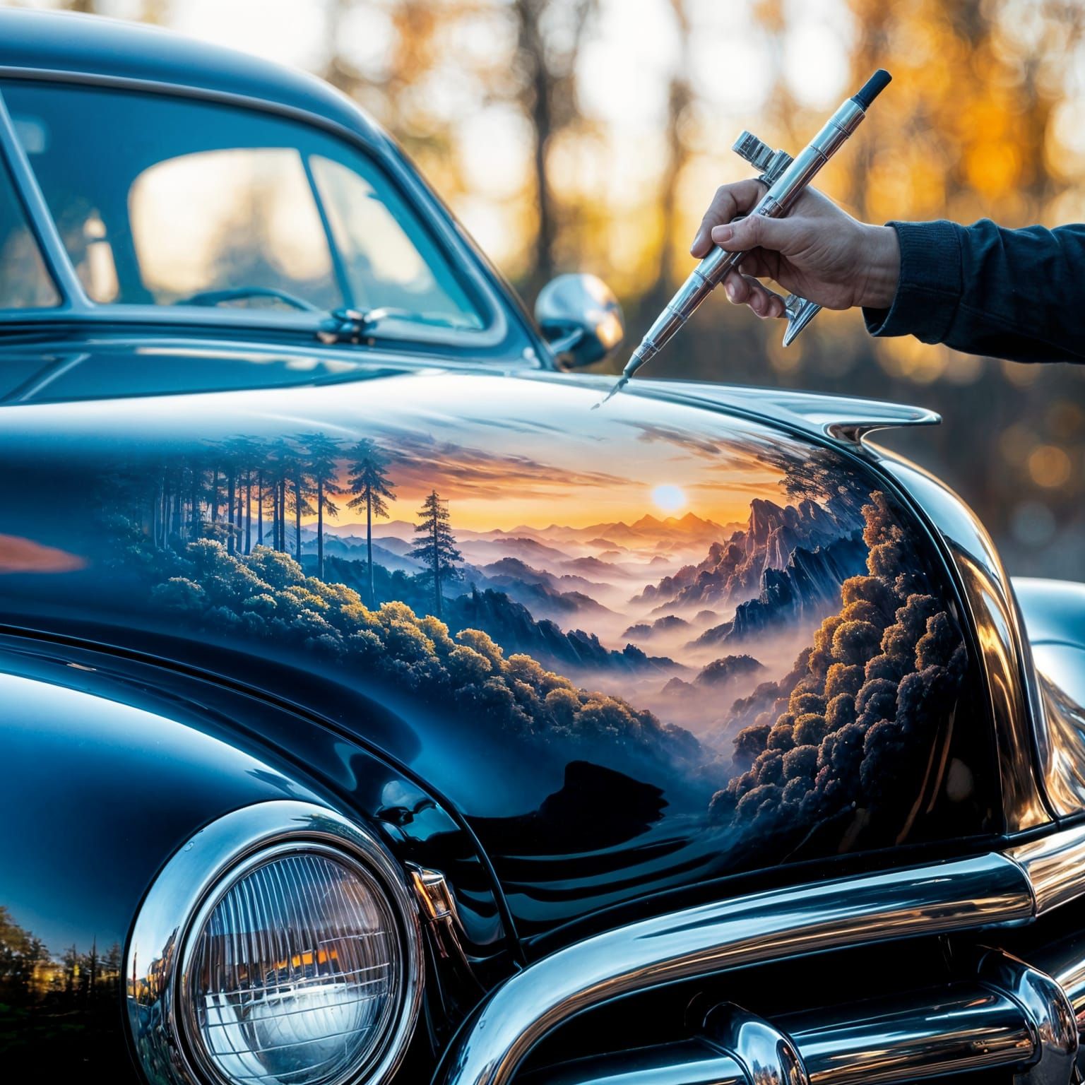 An ultra-detailed custom airbrush floating above a glossy car hood, painting directly onto the hood’s ...  by @Schoor