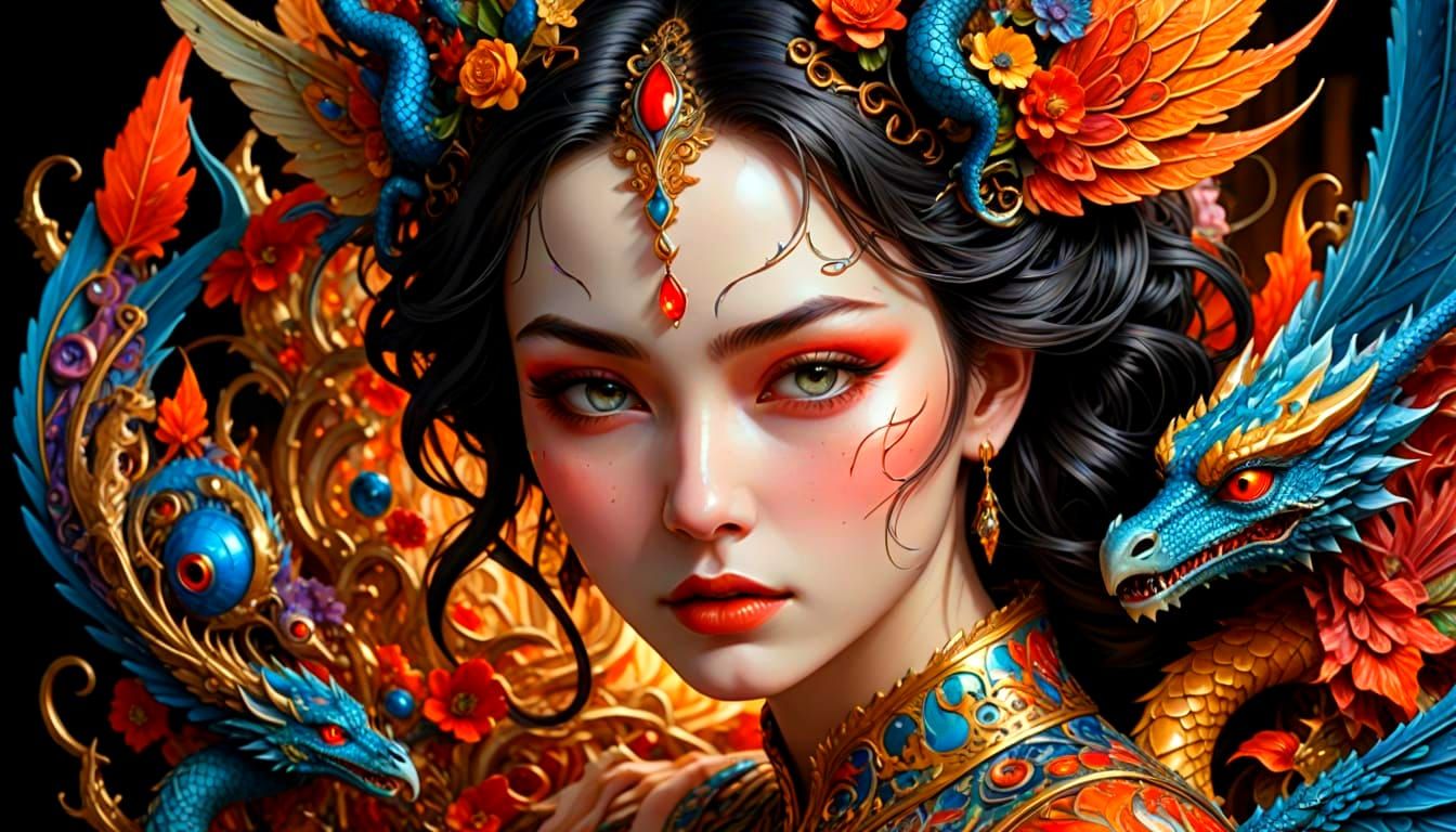  high resolution, cinematic, realistic skin, sharp details, sharp focus, vibrant colors, intertwining worlds, Griffith, fairies, dragon, pho...