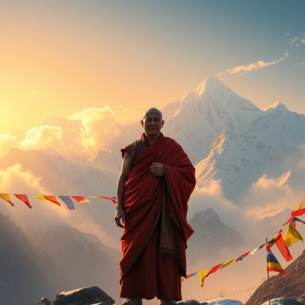 Majestic Tibetan Monk in Himalayan Landscape