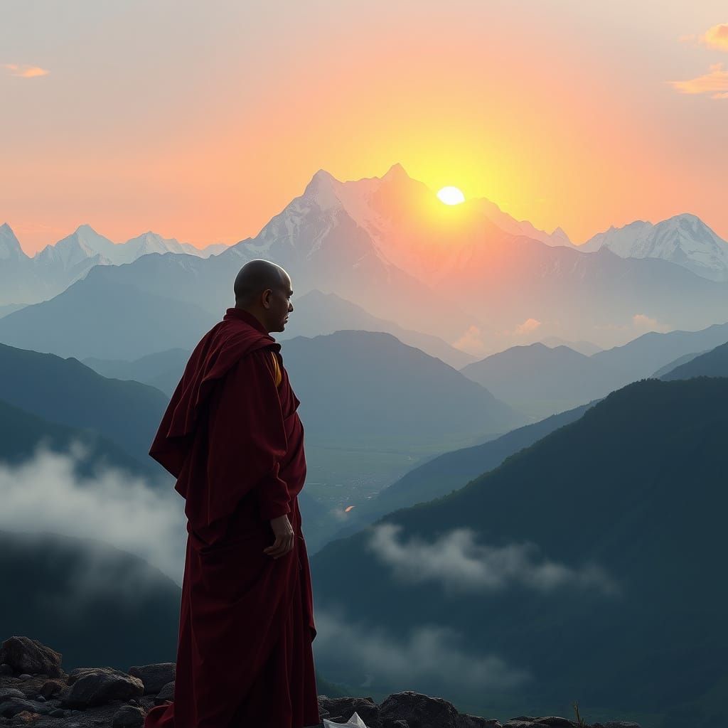 Majestic Himalayan Sunrise with Contemplative Tibetan Monk