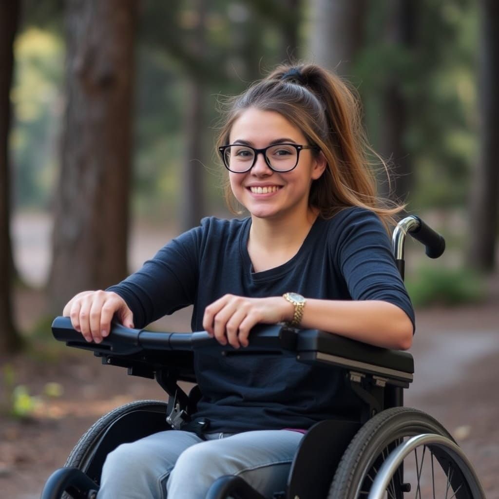 brunette young woman with glasses in power wheelchair in the...