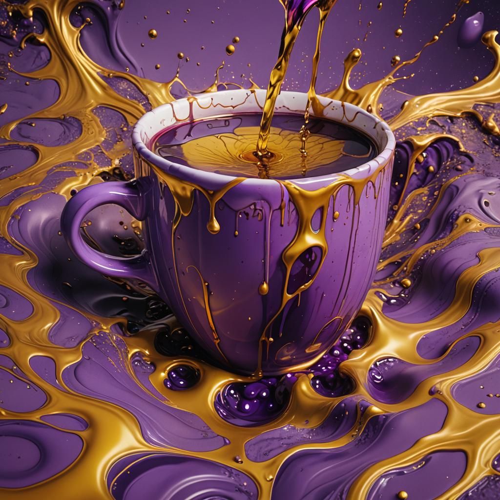Cup Reflecting Golden and Purple Waves as Digital Art